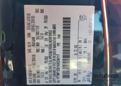 2019 Ford F150 from USA, damaged, VIN 1FTMF1EB1KKD36117